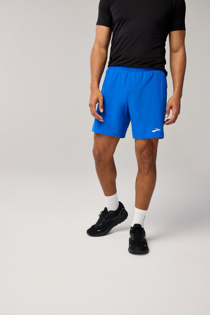 Men's Brooks Journey 7" Shorts. Blue. Front view.