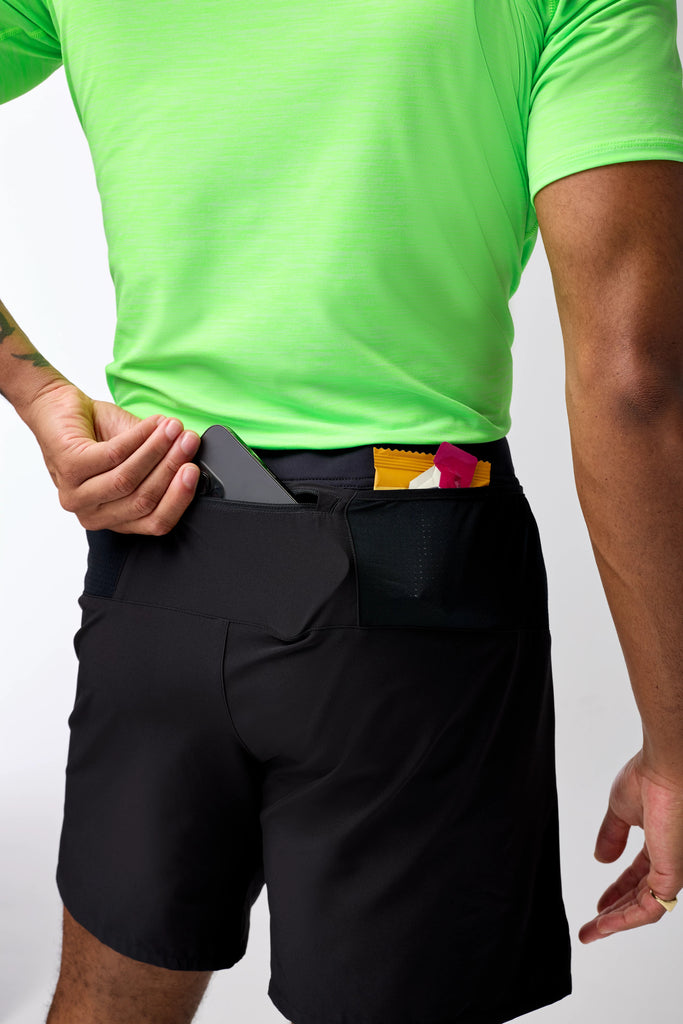 Men's Brooks Journey 7" Shorts. Black. Rear view.