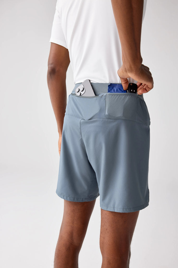 Men's Brooks Journey 7" Shorts. Grey. Rear view.