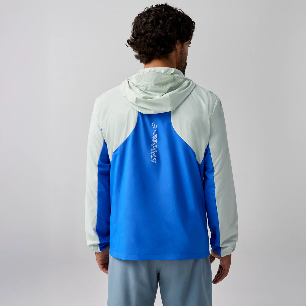 Men's Brooks Canopy Jacket. White/Blue. Rear view.