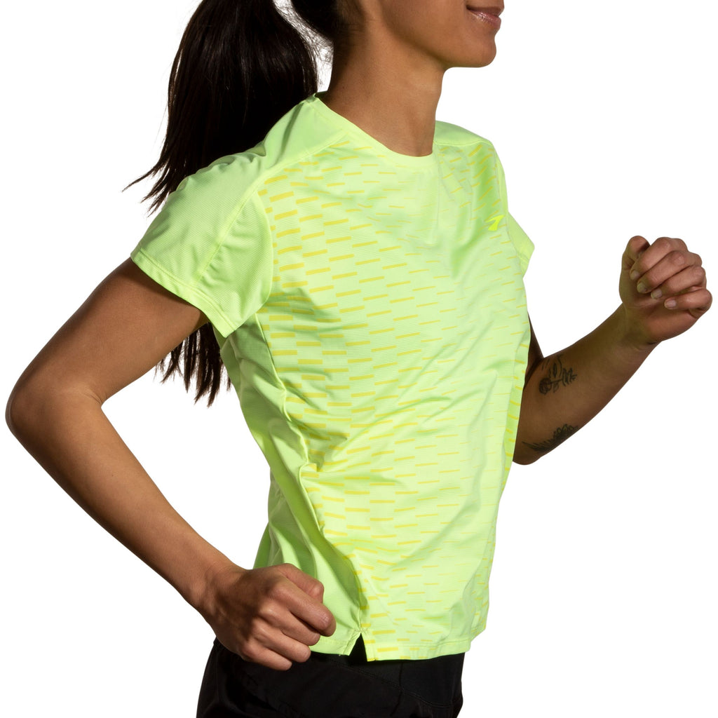 Women's Brooks Sprint Free Short Sleeve 2.0. Light Yellow. Lateral view.