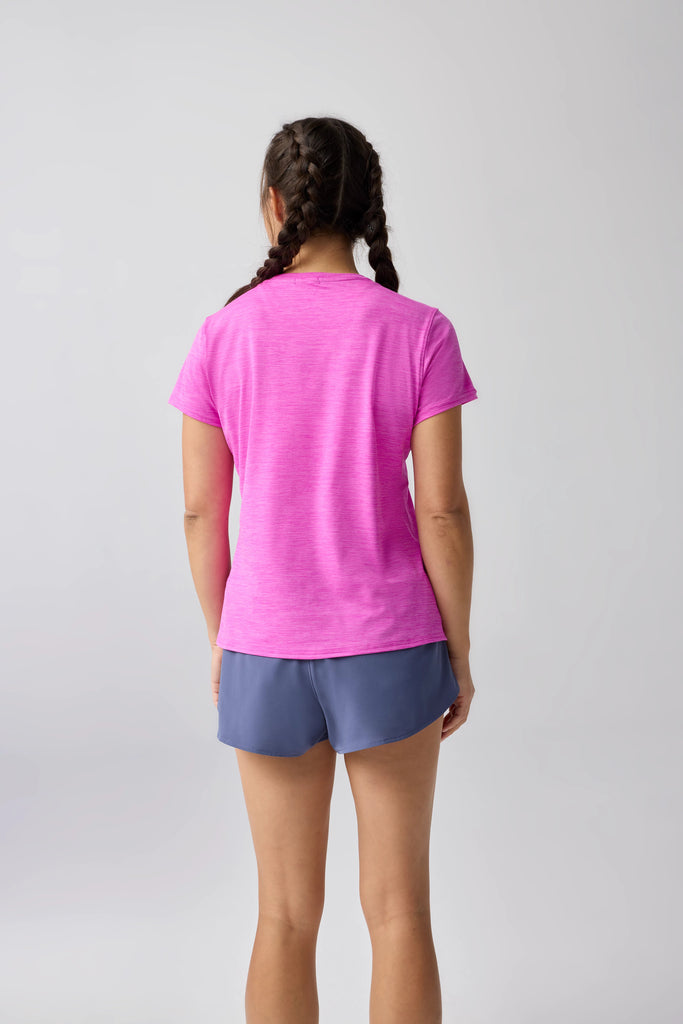 Women's Brooks Luxe Short Sleeve. Magenta. Rear view.