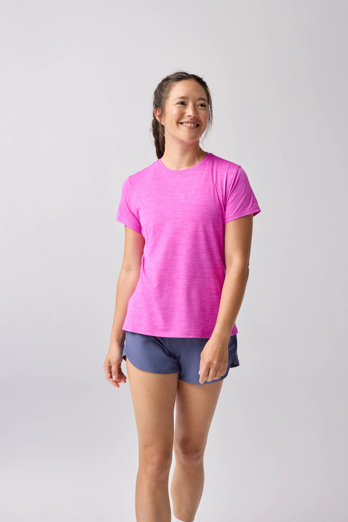 Women's Brooks Luxe Short Sleeve. Magenta. Front view.