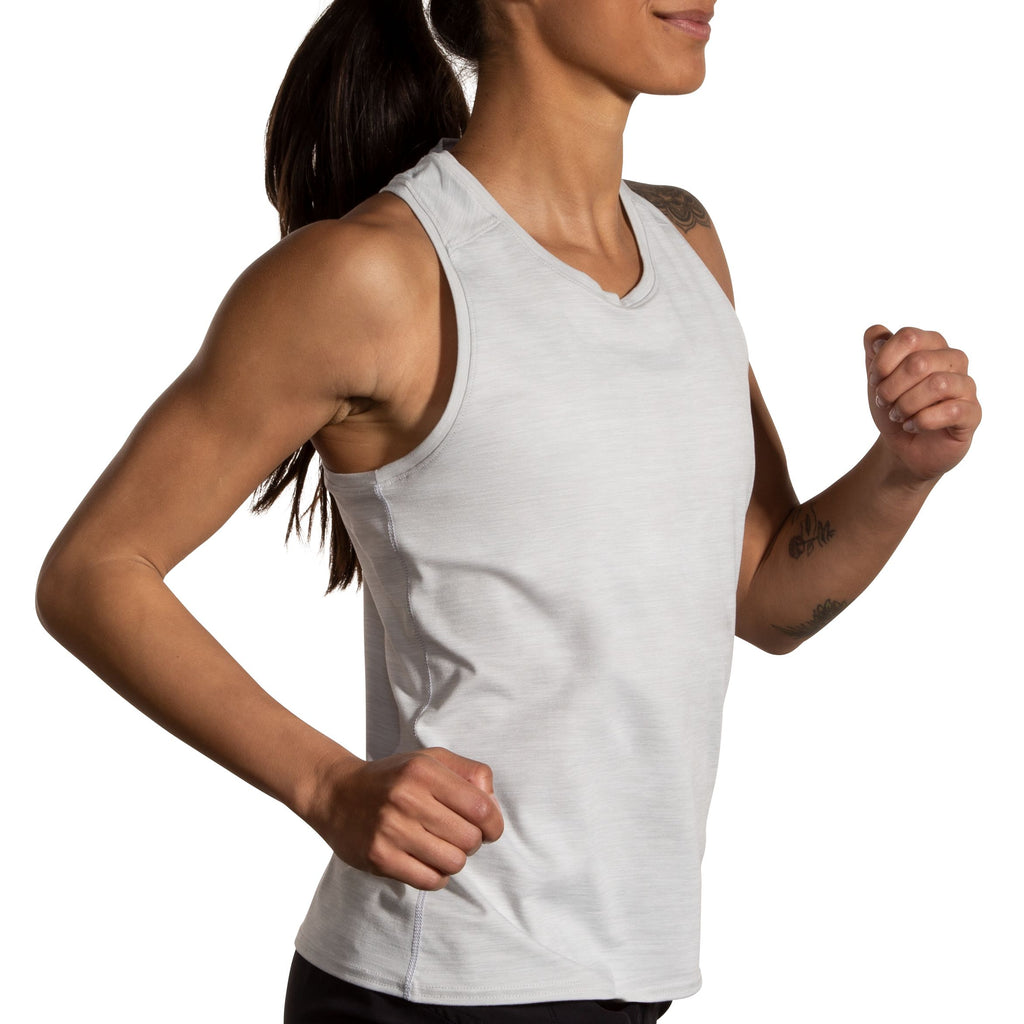 Women's Brooks Luxe Tank. Off White. Lateral view.