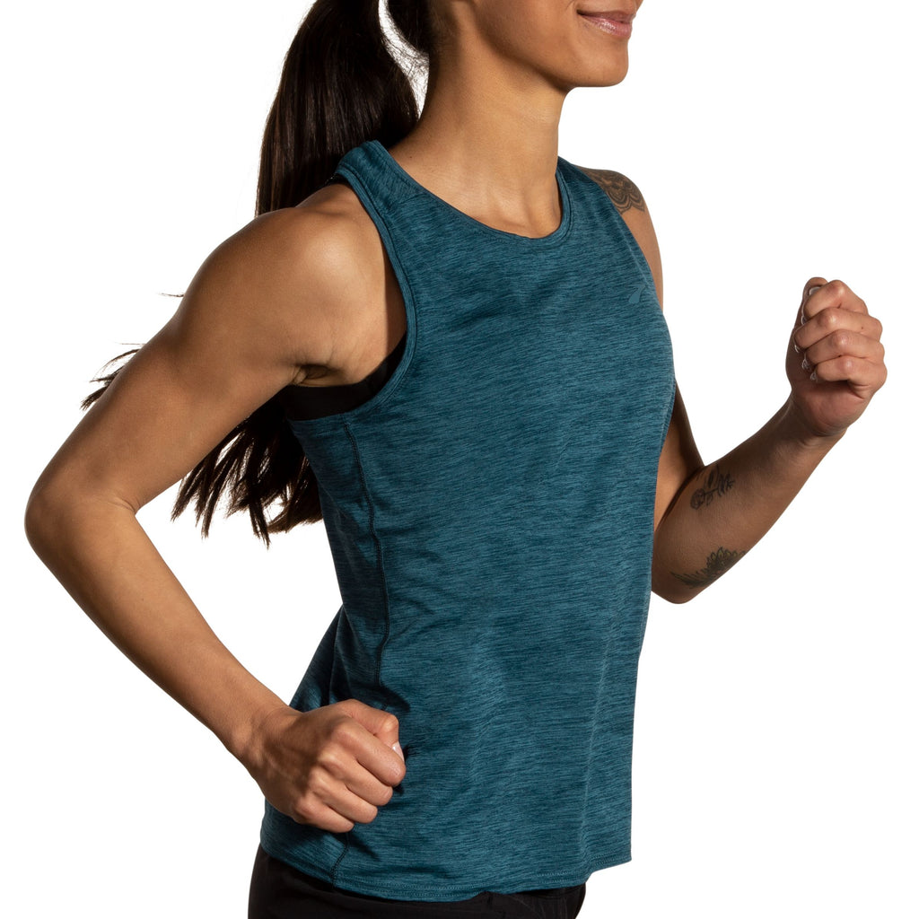 Women's Brooks Luxe Tank. Dark Blue. Lateral view.