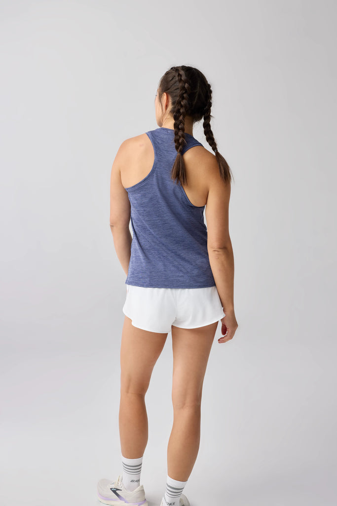 Women's Brooks Luxe Tank. Blue/Grey. Front view.