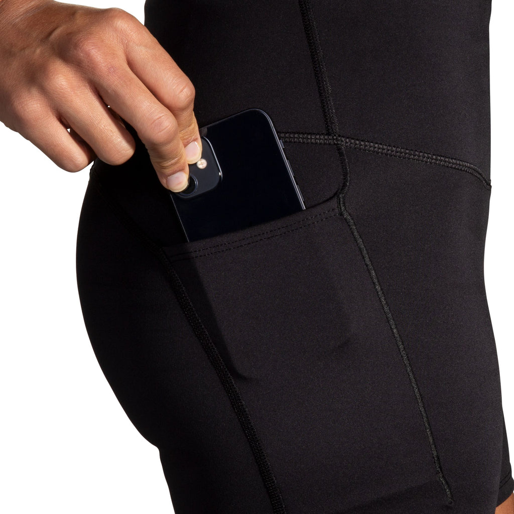 Women's Brooks Spark 5" Short Tights. Black. Side pocket.