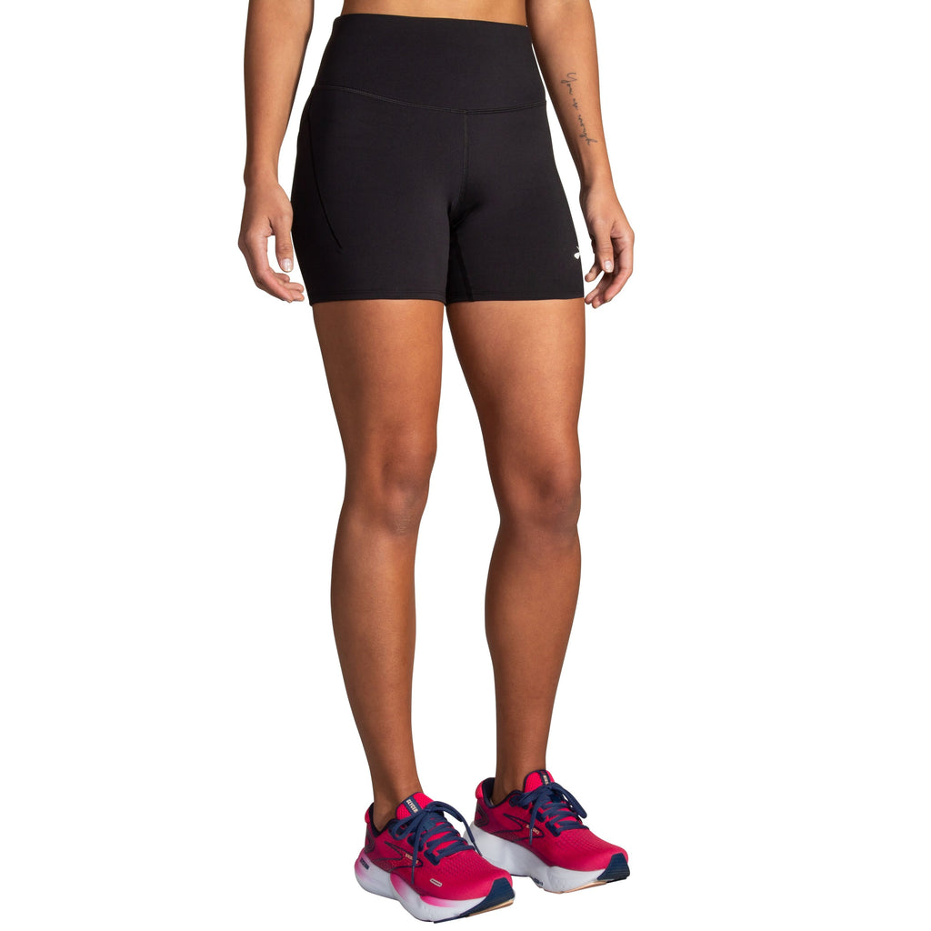 Women's Brooks Spark 5" Short Tights. Black. Front view.