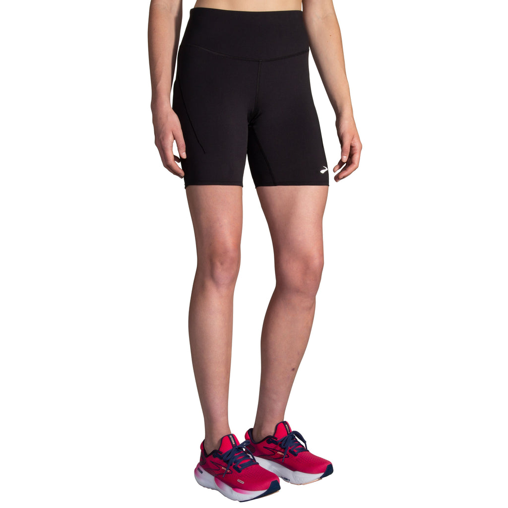 Women's Brooks Spark 8" Short Tights. Black. Front view.