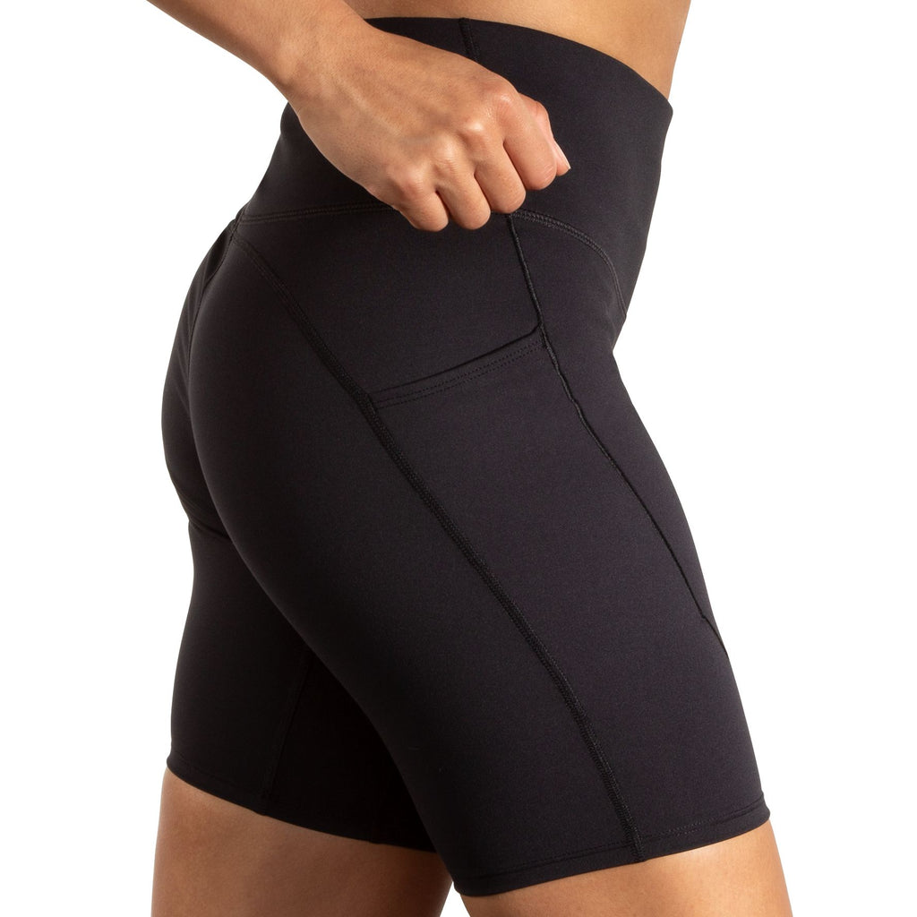 Women's Brooks Spark 8" Short Tights. Black. Lateral view.