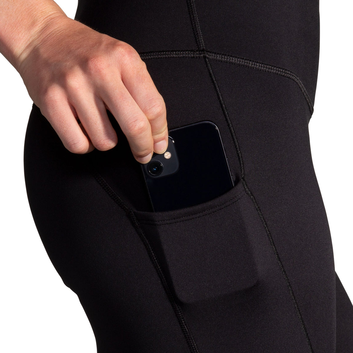 Women's Brooks Spark Tights. Black. Side pocket.