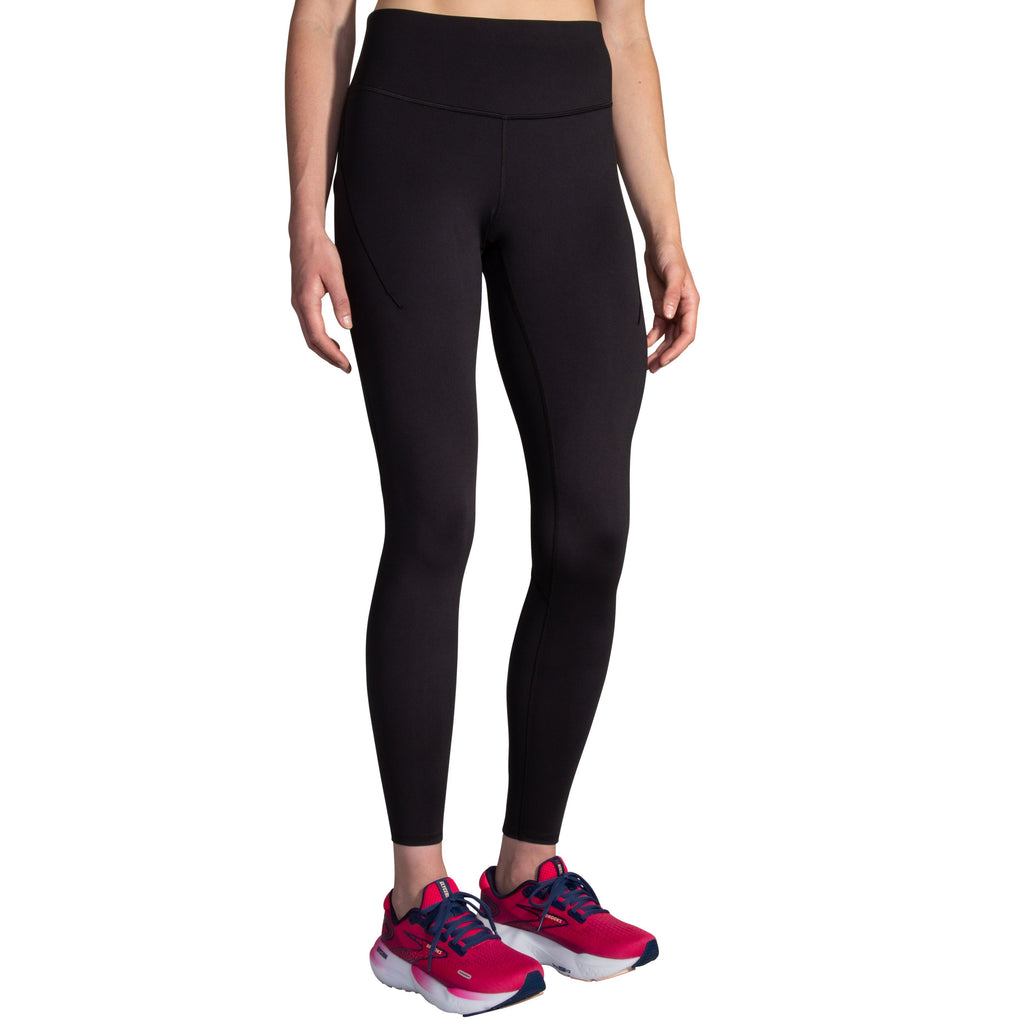 Women's Brooks Spark Tights. Black. Front view.