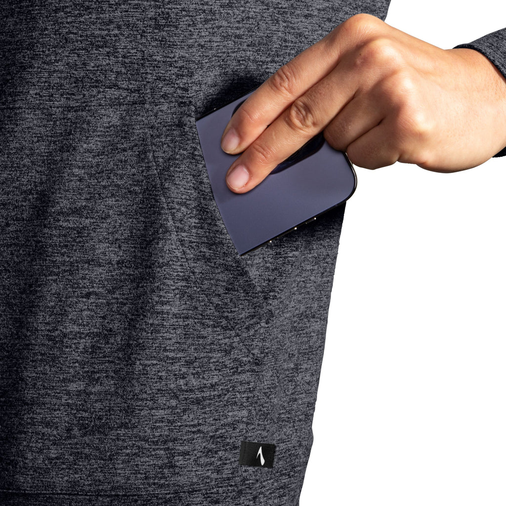 Women's Brooks Luxe Hoodie. Black. Pocket closeup.