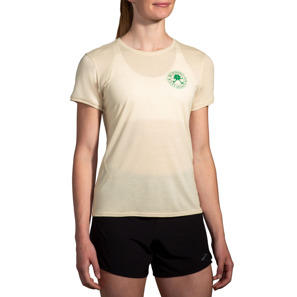 Women's Brooks Distance Short Sleeve 3.0. Natural. Front view.
