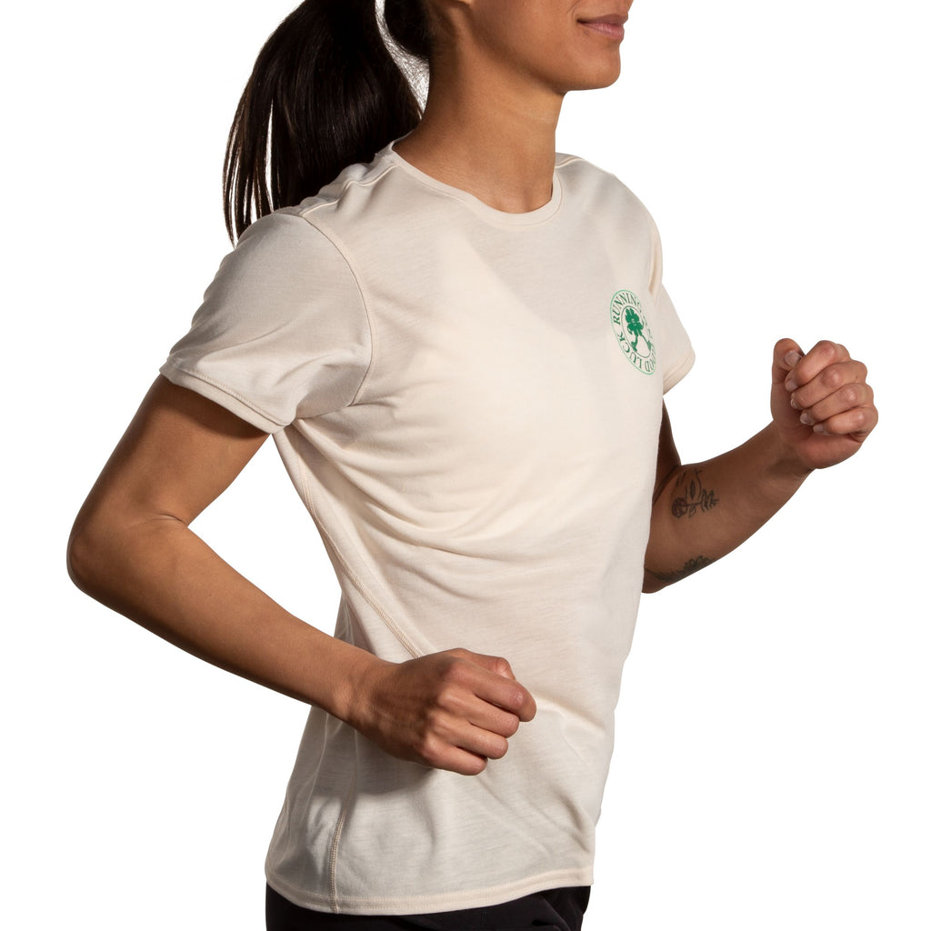 Women's Brooks Distance Short Sleeve 3.0. Natural. Lateral view.