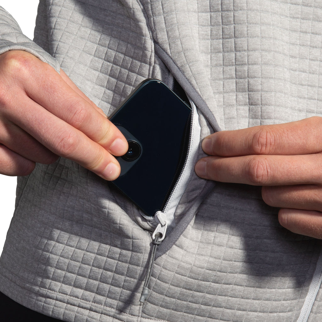 Women's Brooks Active Midweight Hoodie. Grey. Pocket closeup.