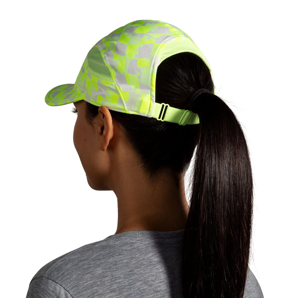 Unisex Brooks Chaser Hat. Yellow checkered. Rear view.