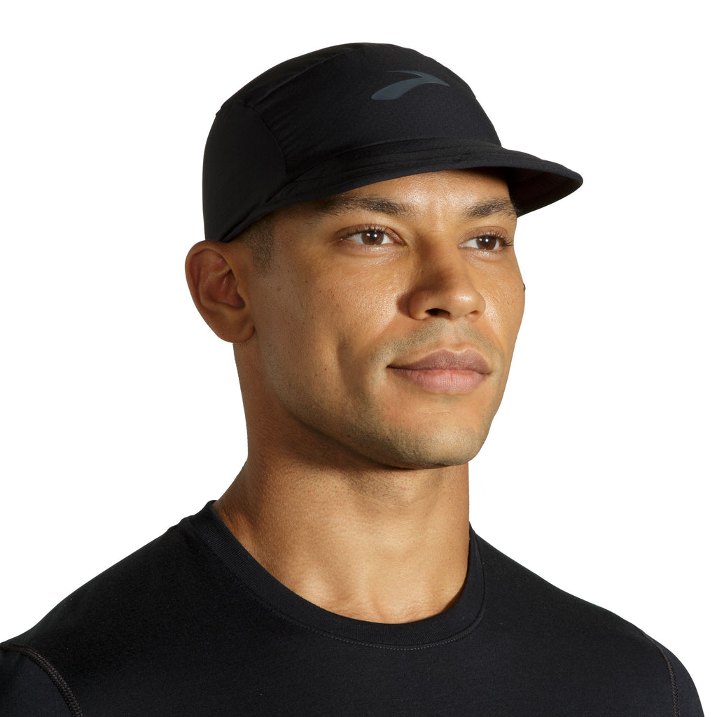 Brooks unisex Packable Hat. Black. Front view.