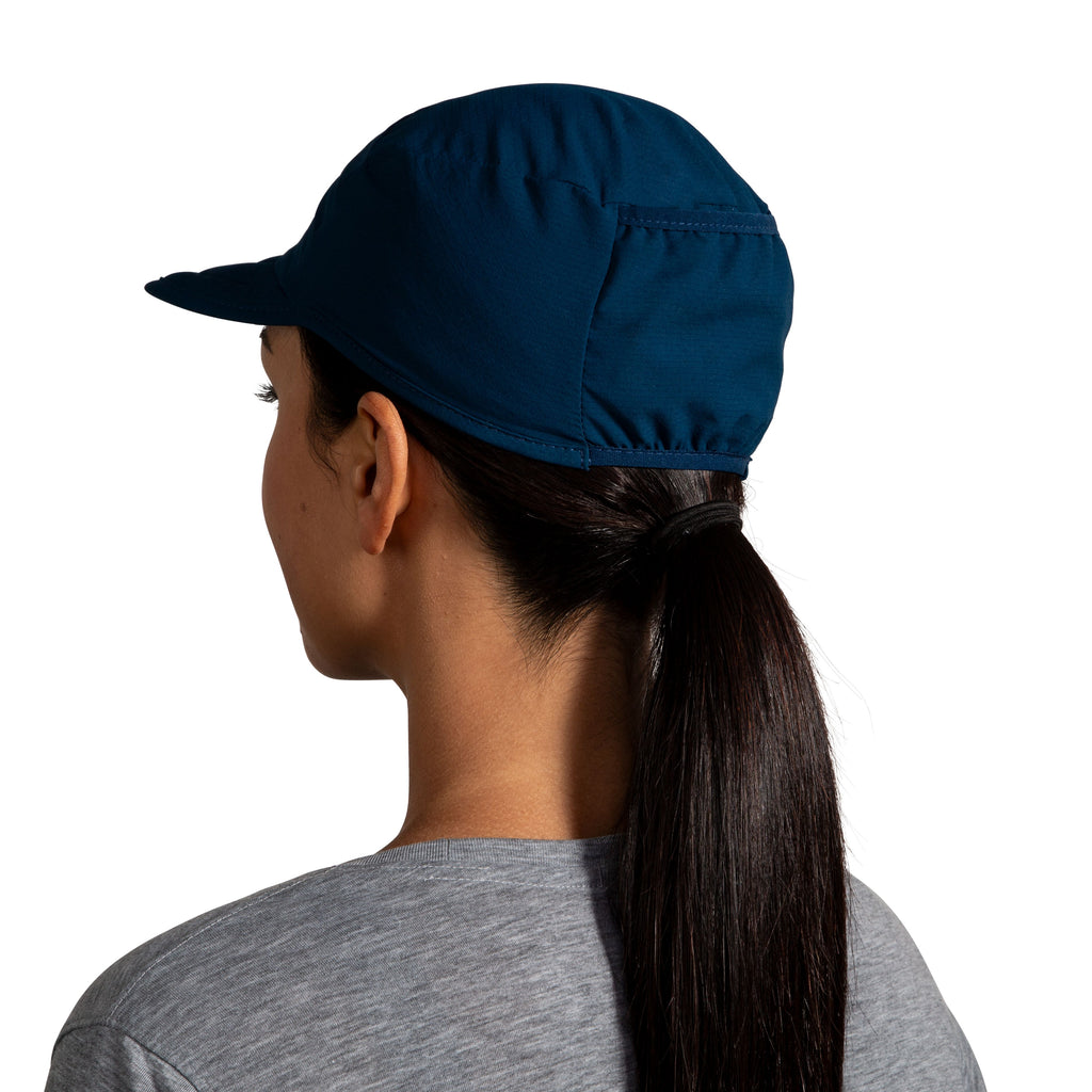 Brooks Unisex Packable Hat. Dark Blue. Rear view.