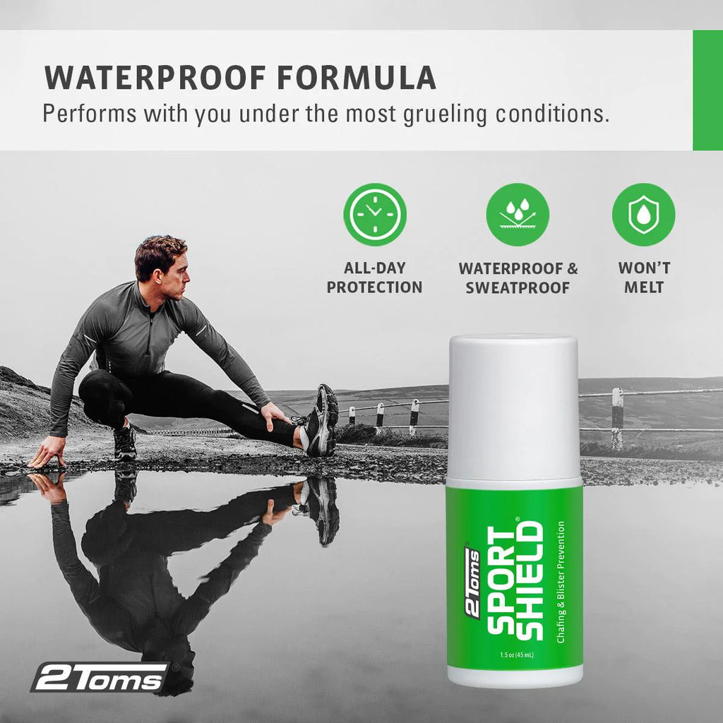 Text saying "waterproof formula, performs with you under the most grueling conditions" and "all-day protection, waterproof and sweatproof, won't melt"
