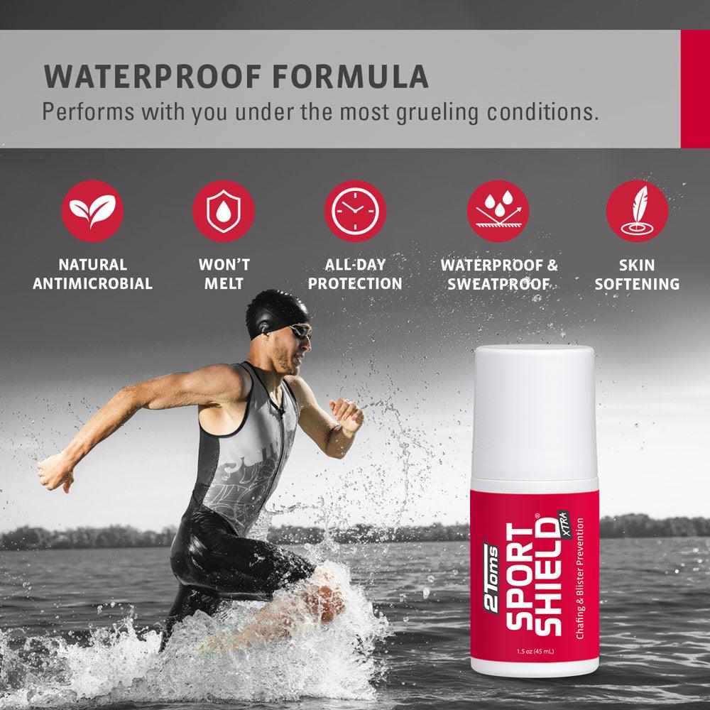 A triathloner running through water with the text "waterproof formula, performs with you under the most grueling conditions" and "natural antimicrobial, won't melt, all-day protection, waterproof and sweatproof, skin softening"