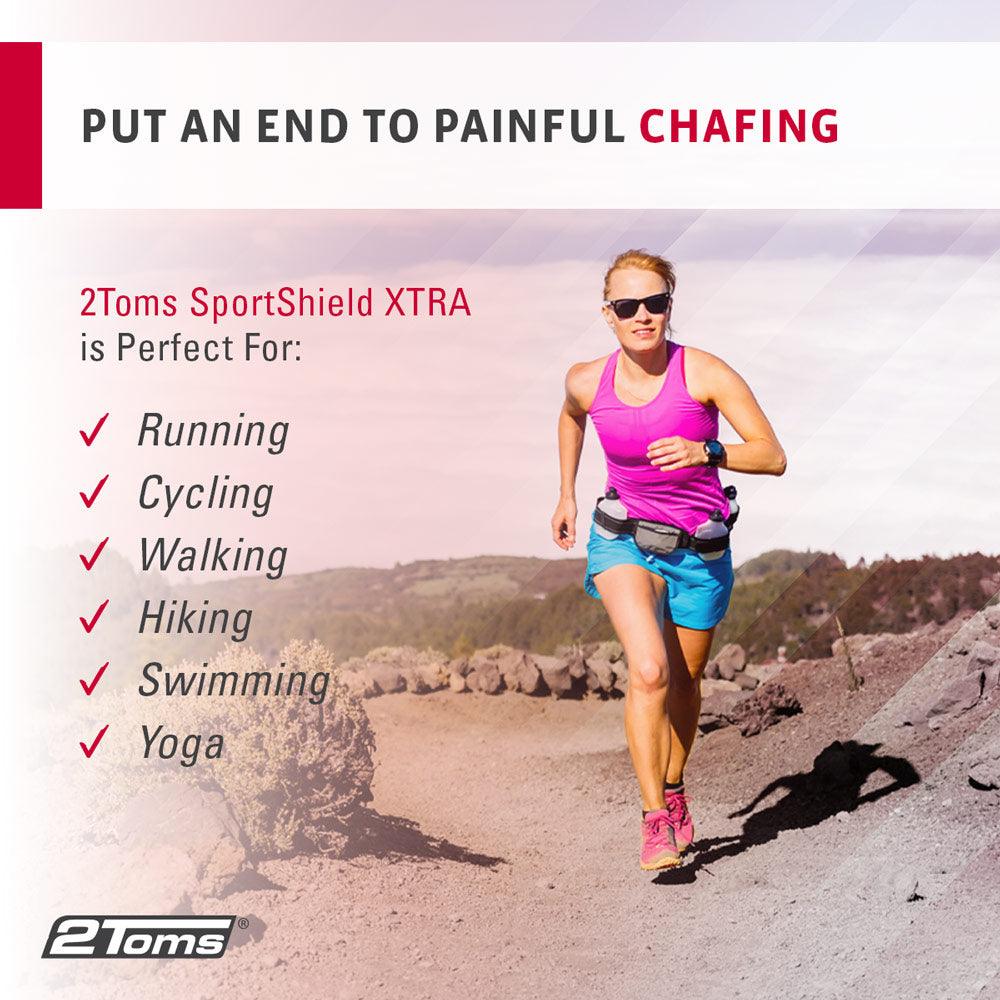 A runner running in the desert with the text "put an end to painful chafing" and "2toms sport shield xtra is perfect for running, cycling, walking, hiking, swimming, yoga"