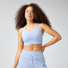 Women's Brooks Luxe Pocket Sports Bra in Heather Halogen Blue, front view