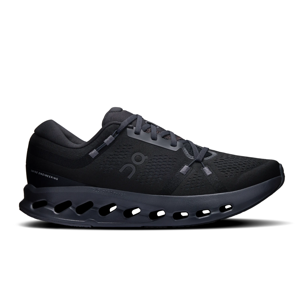 Men's On Cloudsurfer 2. Black upper. Black midsole. Lateral view.