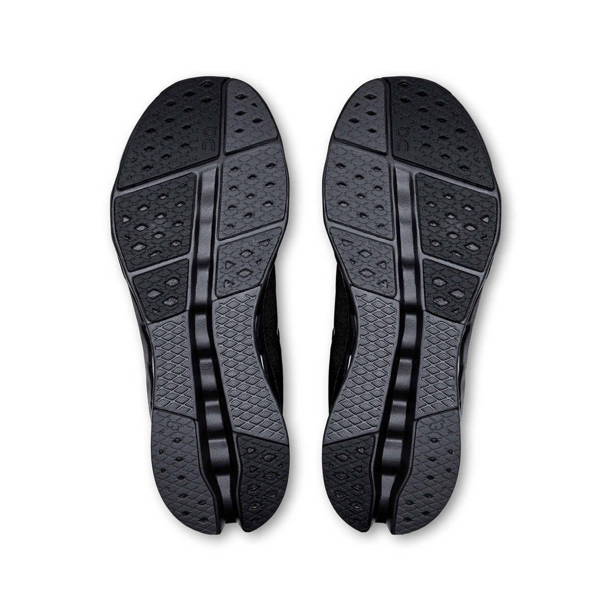 Men's On Cloudsurfer 2. Black upper. Black midsole. Bottom view.