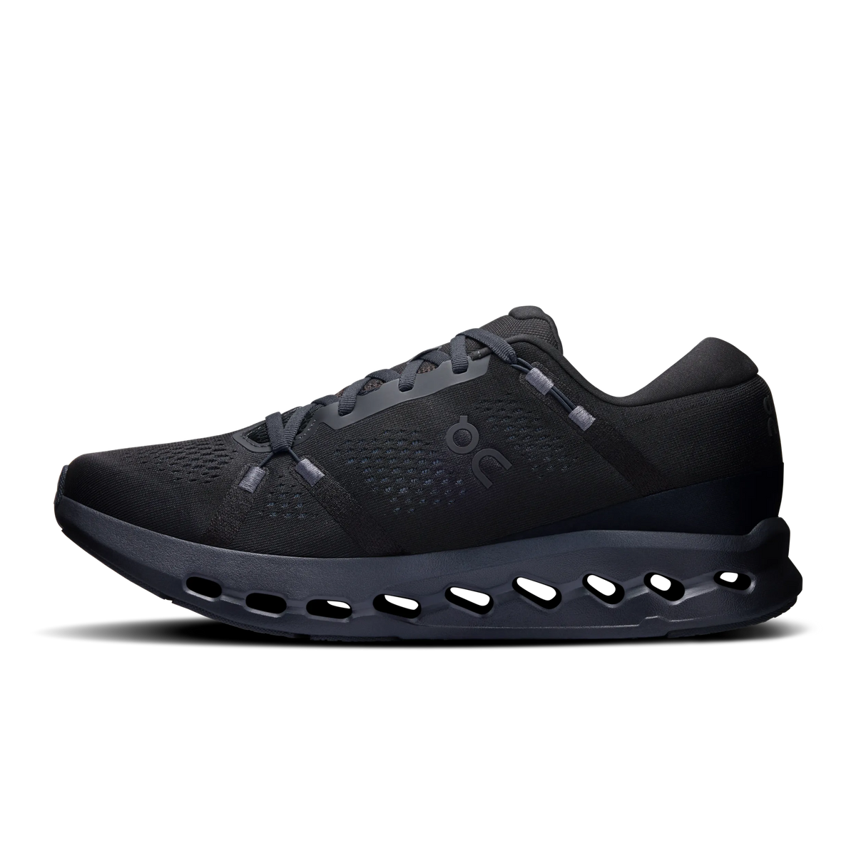 Men's On Cloudsurfer 2. Black upper. Black midsole. Medial view.