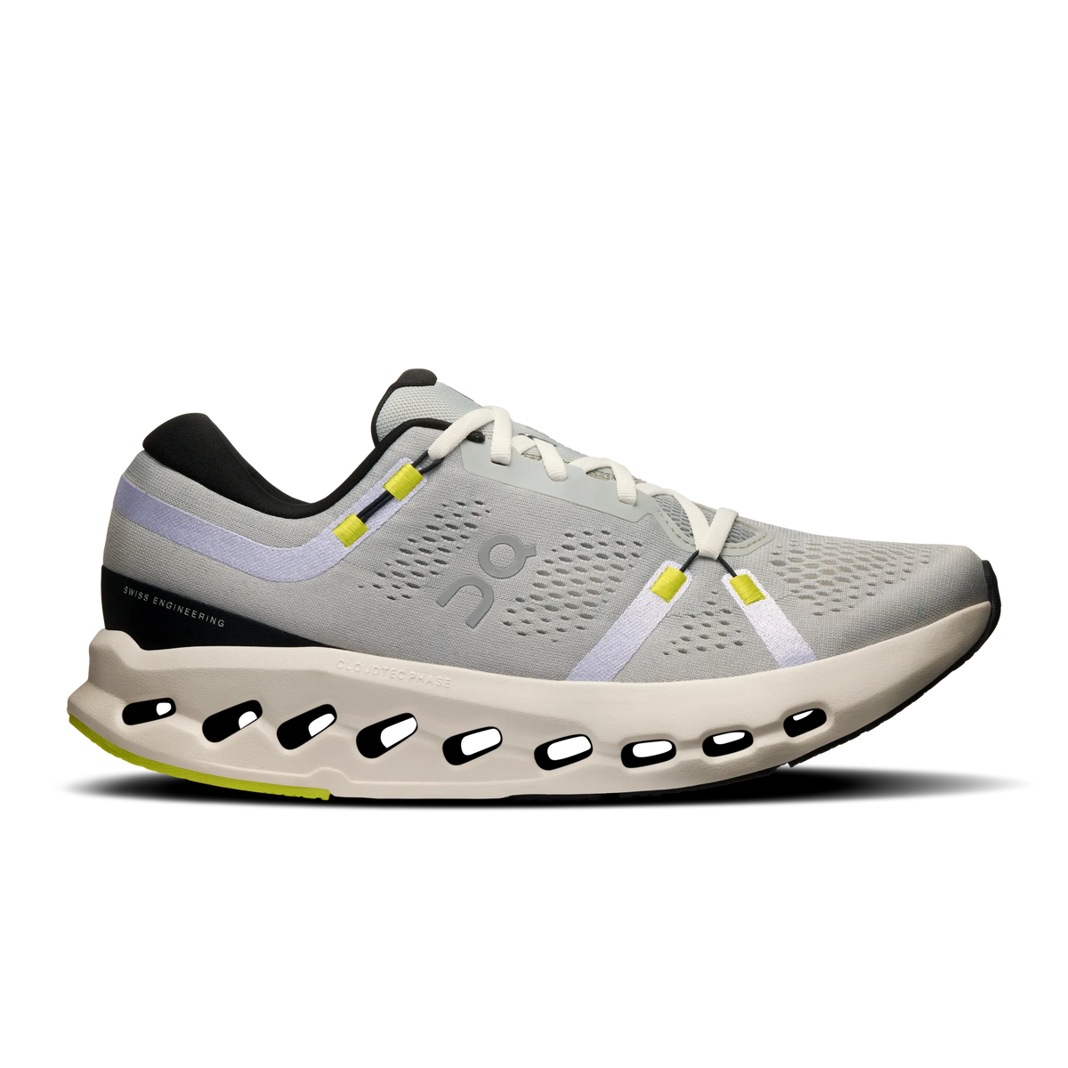 Men's On Cloudsurfer 2. Light Grey upper. White midsole. Lateral view.