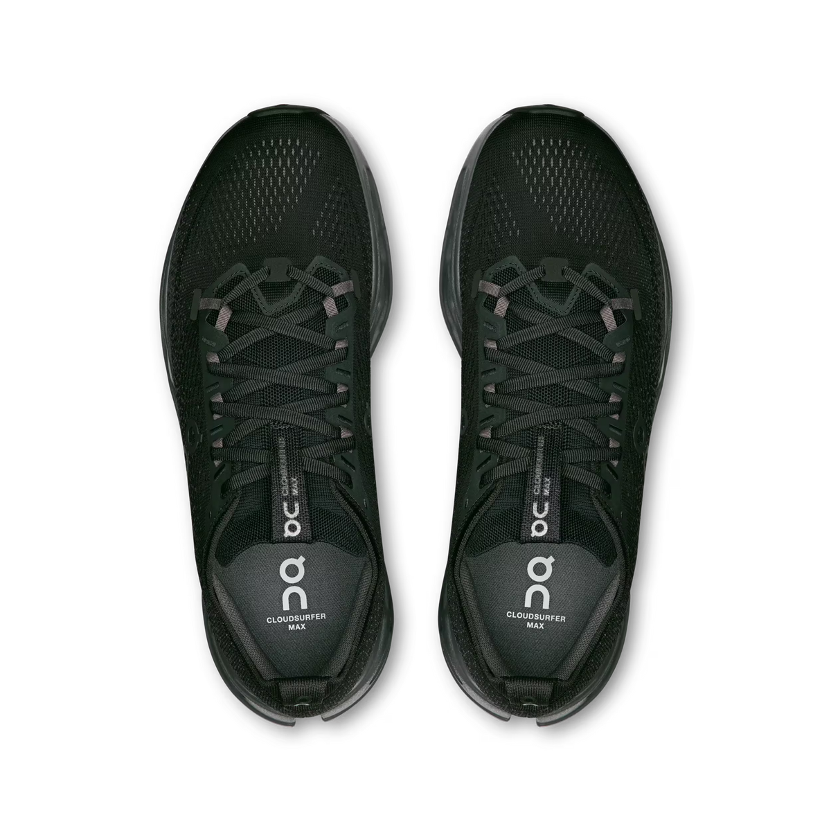 Men's On Cloudsurfer Max. Black upper. Black midsole. Top view.