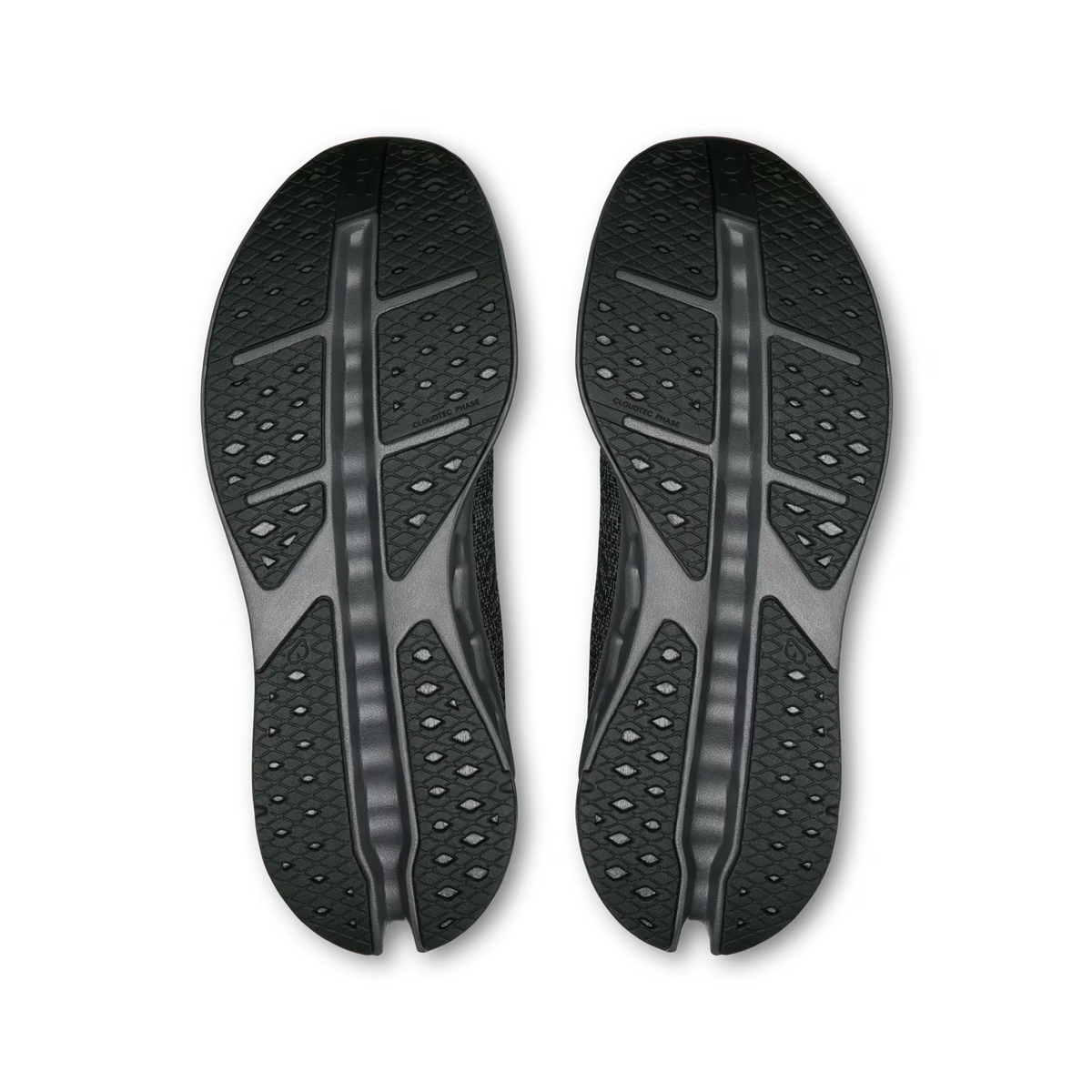 Men's On Cloudsurfer Max. Black upper. Black midsole. Bottom view.
