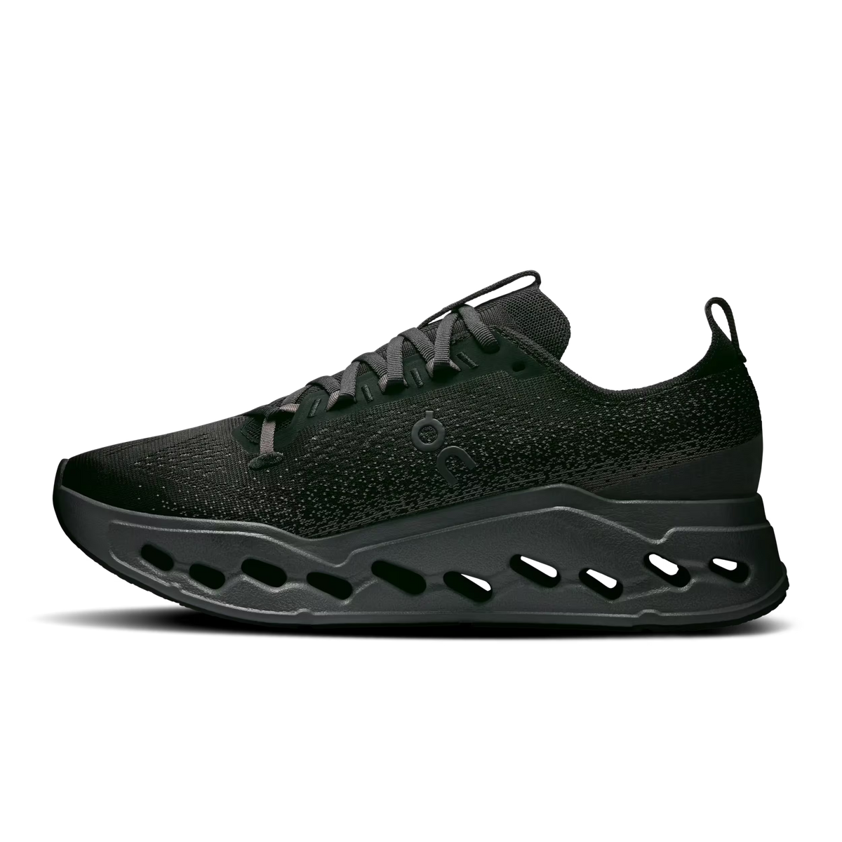 Men's On Cloudsurfer Max. Black upper. Black midsole. Medial view.