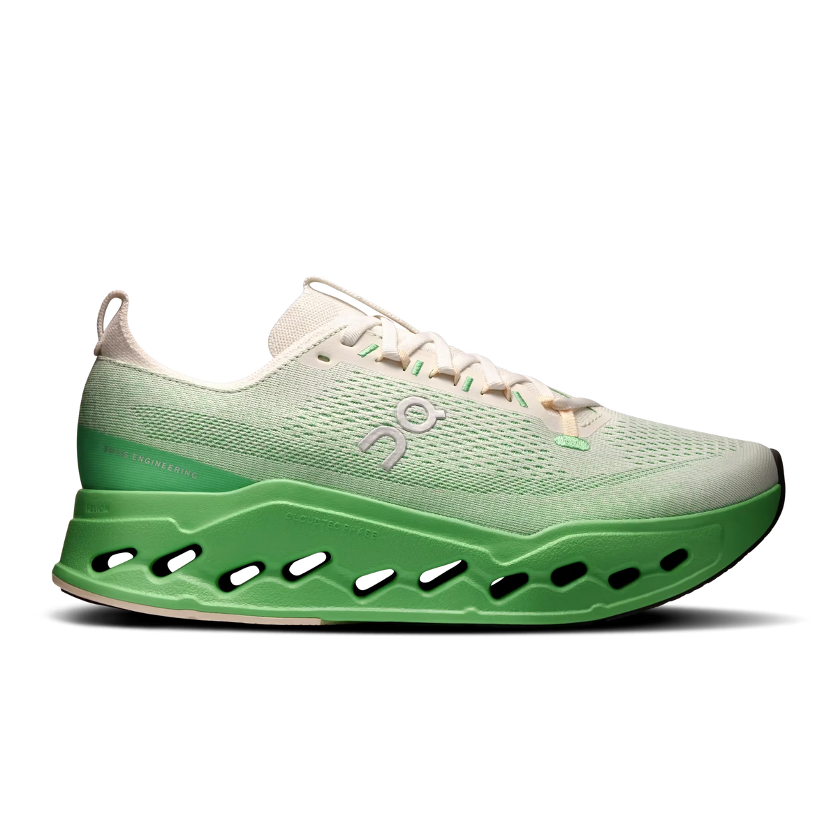 Men's On Running Cloudsurfer Max. White/Green upper. Green midsole. Lateral view.