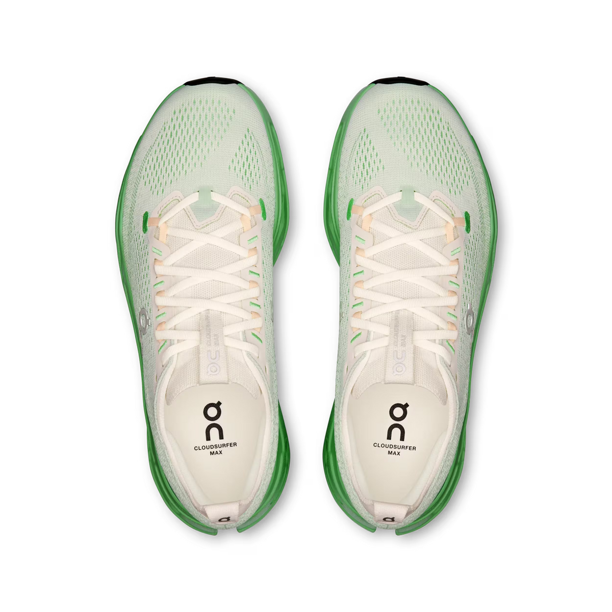 Men's On Running Cloudsurfer Max. White/Green upper. Green midsole. Top view.