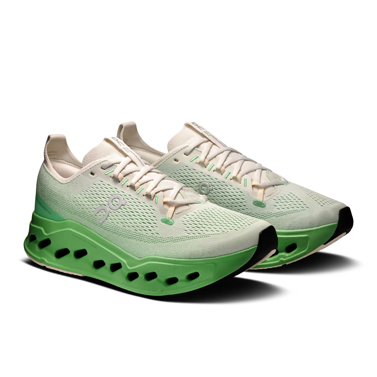Men's On Running Cloudsurfer Max. White/Green upper. Green midsole. Lateral view.