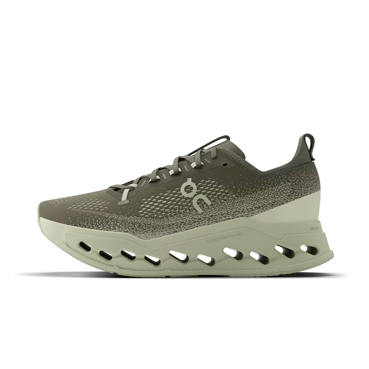 Men's On Running Cloudsurfer Max. Tan upper. Off White midsole. Medial view.