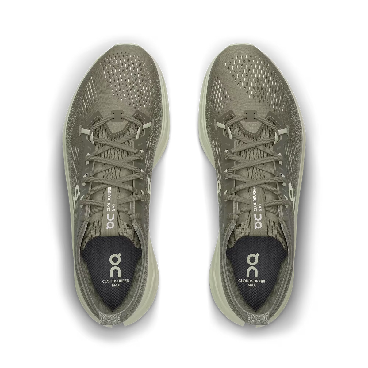 Men's On Running Cloudsurfer Max. Tan upper. Off White midsole. Top view.