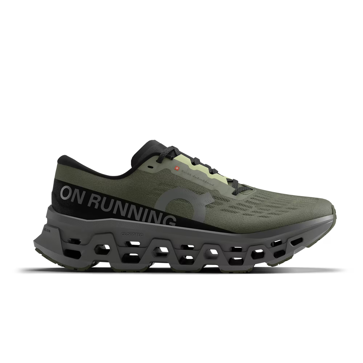 Men's On Running. Cloudmonster 3. Dark Green upper. Dark Grey midsole. Lateral view.