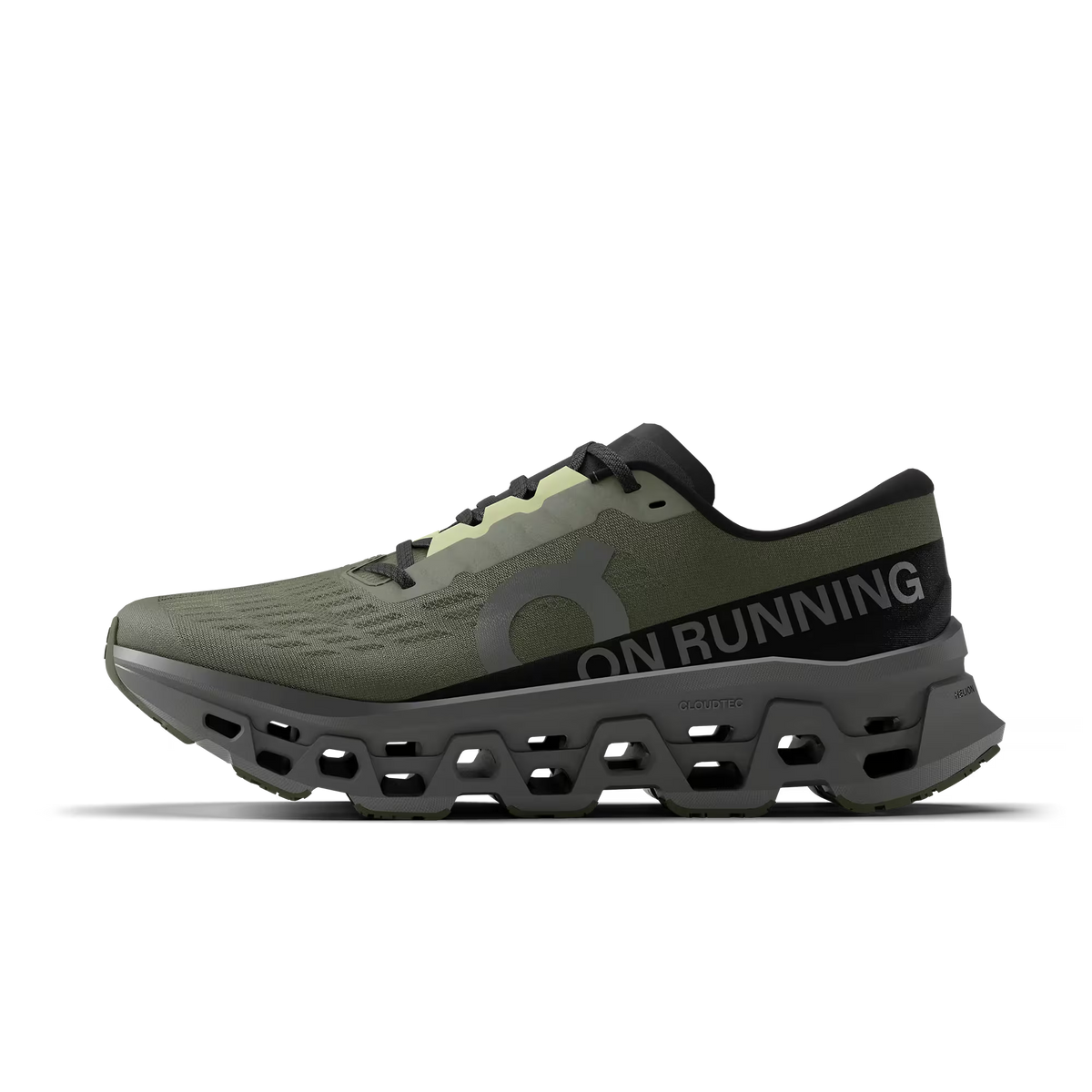 Men's On Running. Cloudmonster 3. Dark Green upper. Dark Grey midsole. Medial view.