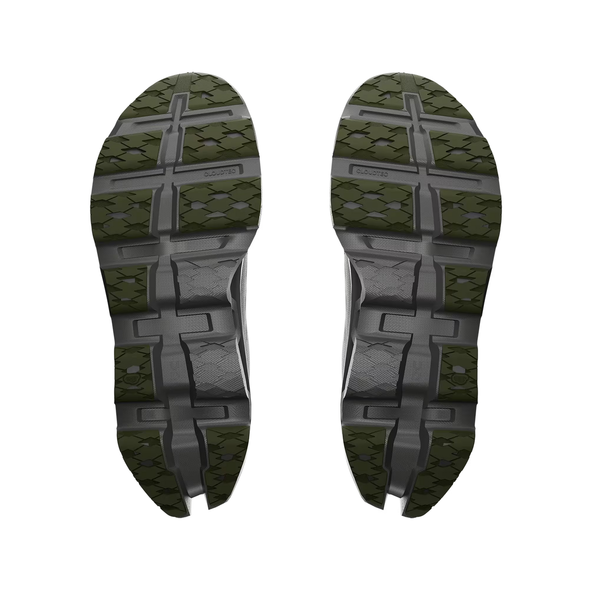 Men's On Running. Cloudmonster 3. Dark Green upper. Dark Grey midsole. Bottom view.