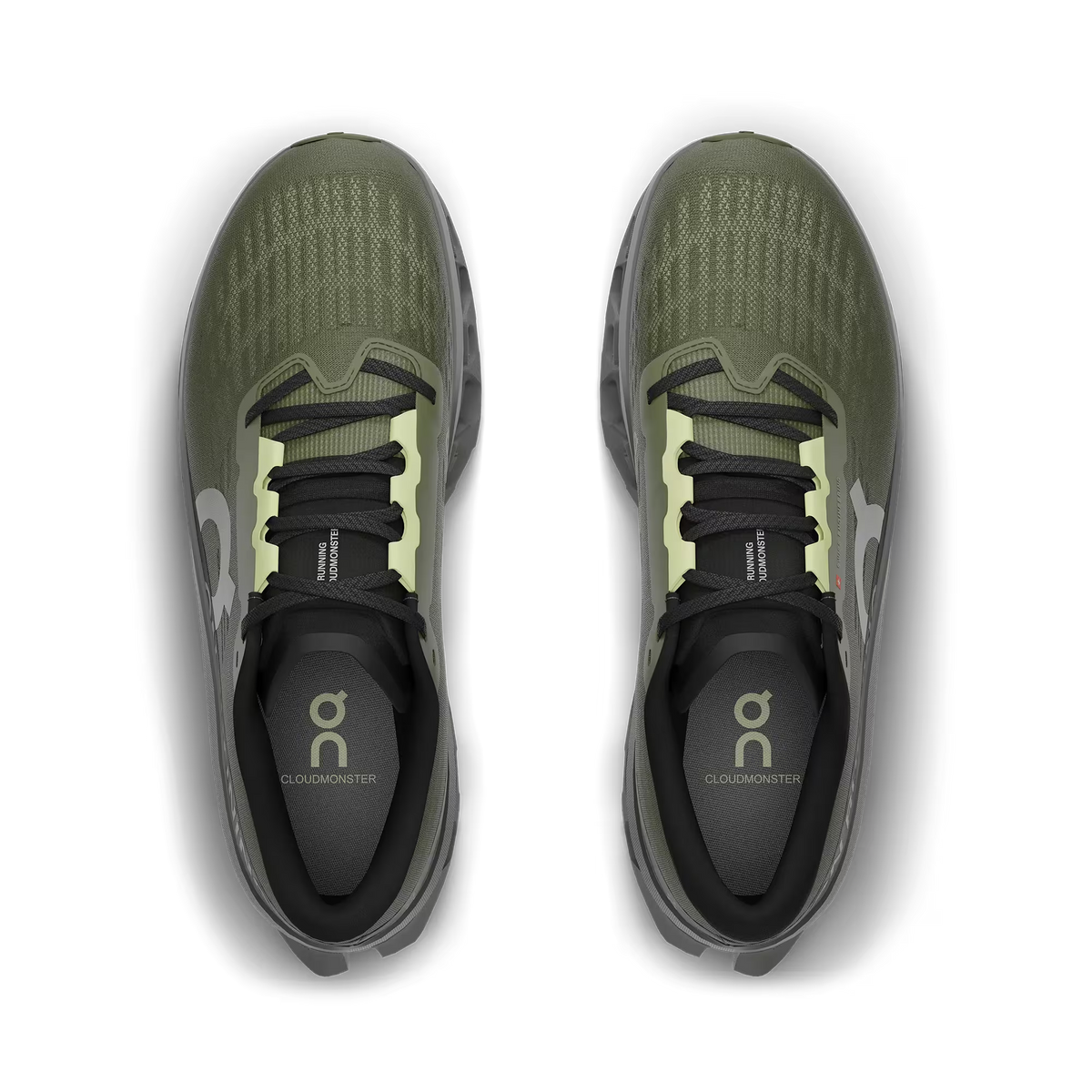 Men's On Running. Cloudmonster 3. Dark Green upper. Dark Grey midsole. Top view.