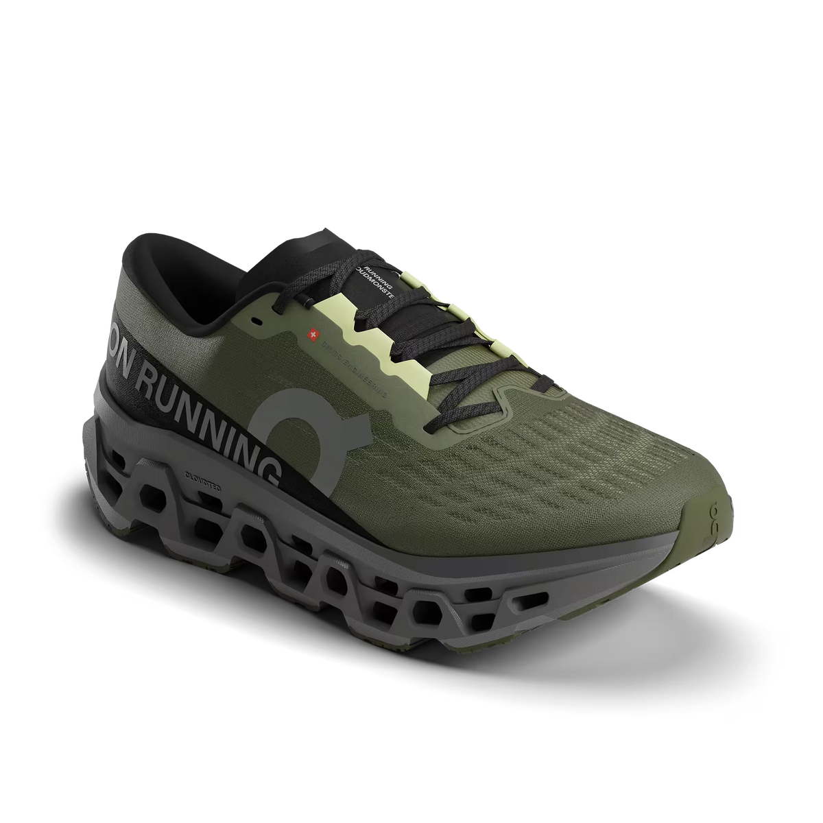 Men's On Running. Cloudmonster 3. Dark Green upper. Dark Grey midsole. Lateral view.
