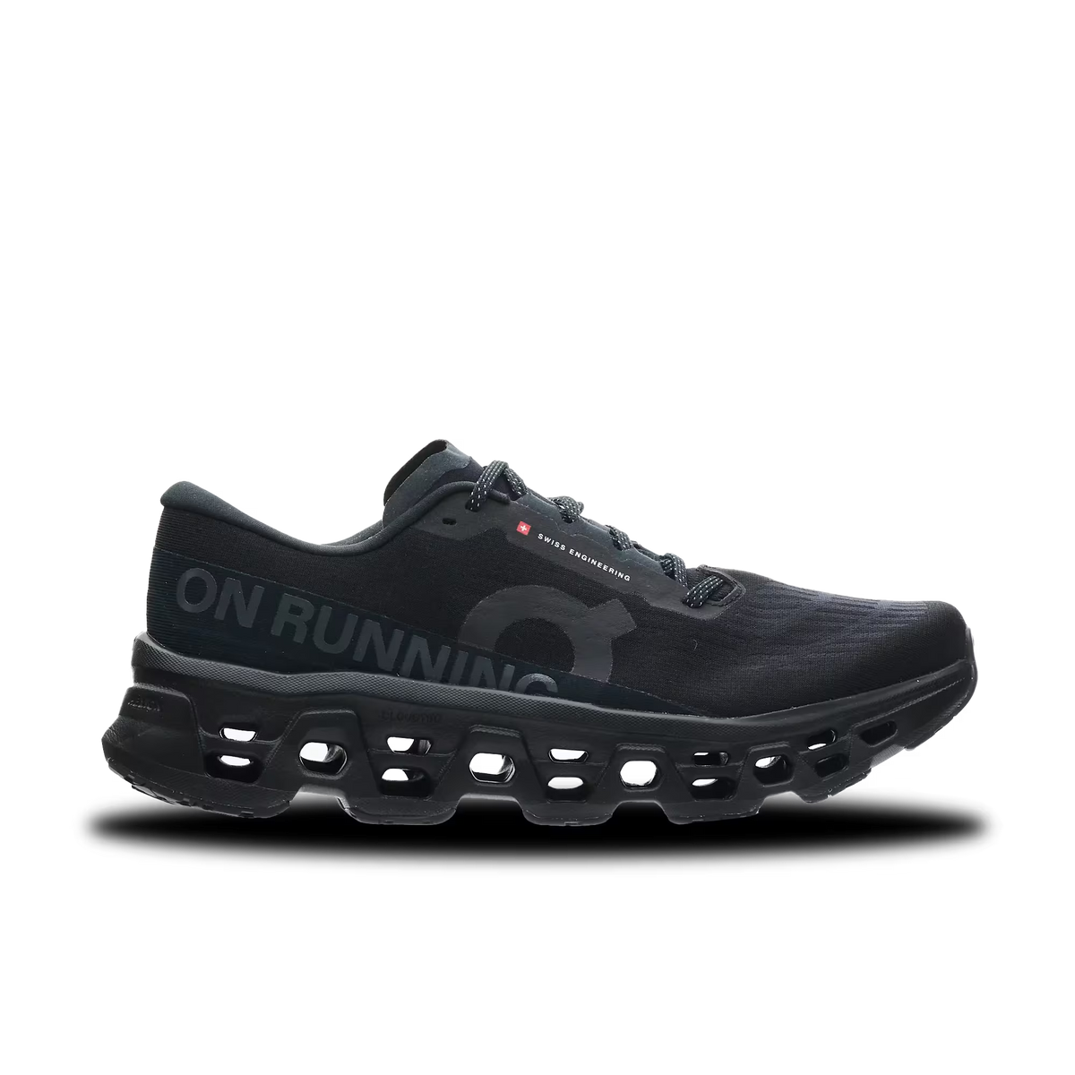Men's On Running. Cloudmonster 3. Black upper. Black midsole. Lateral view.