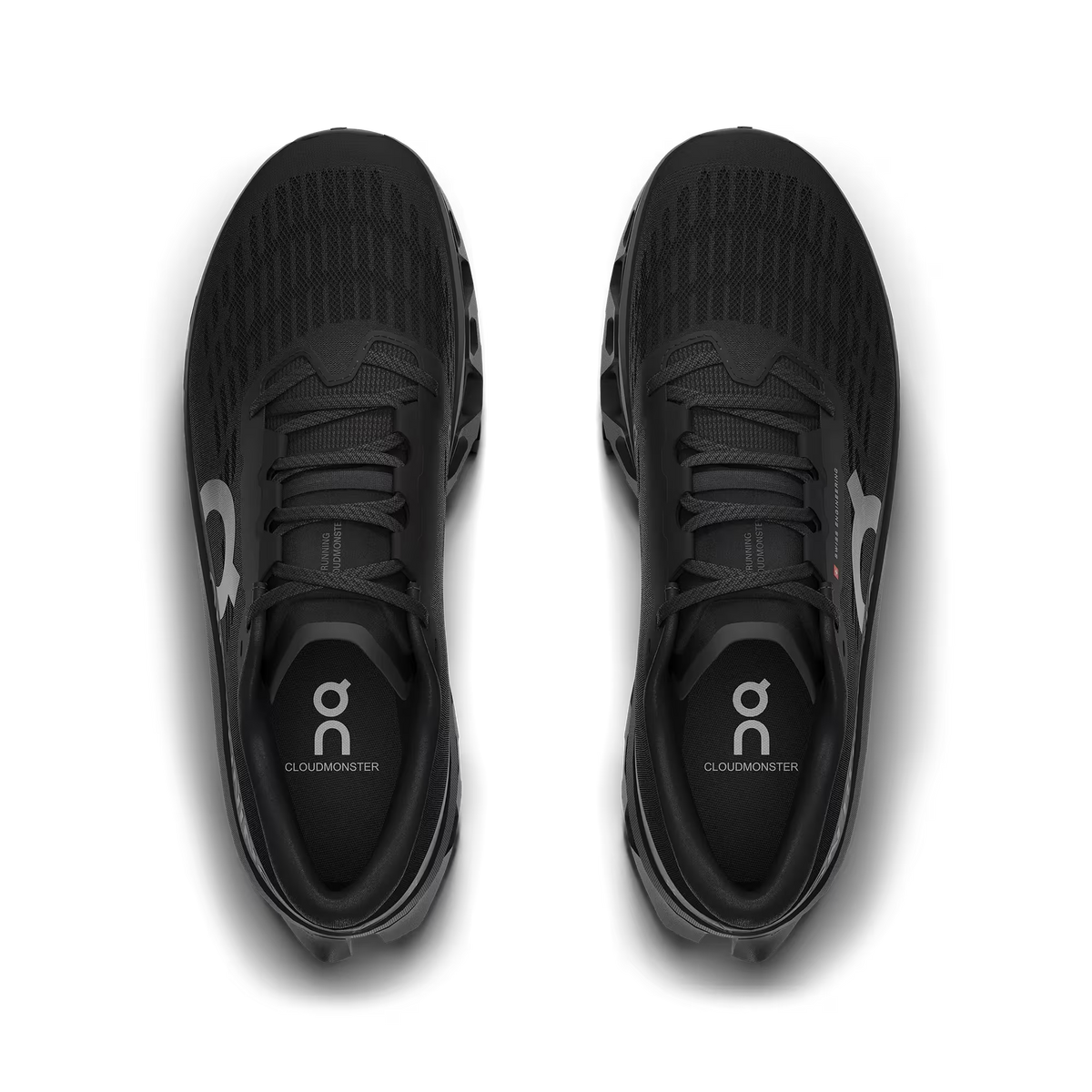 Men's On Running. Cloudmonster 3. Black upper. Black midsole. Top view.