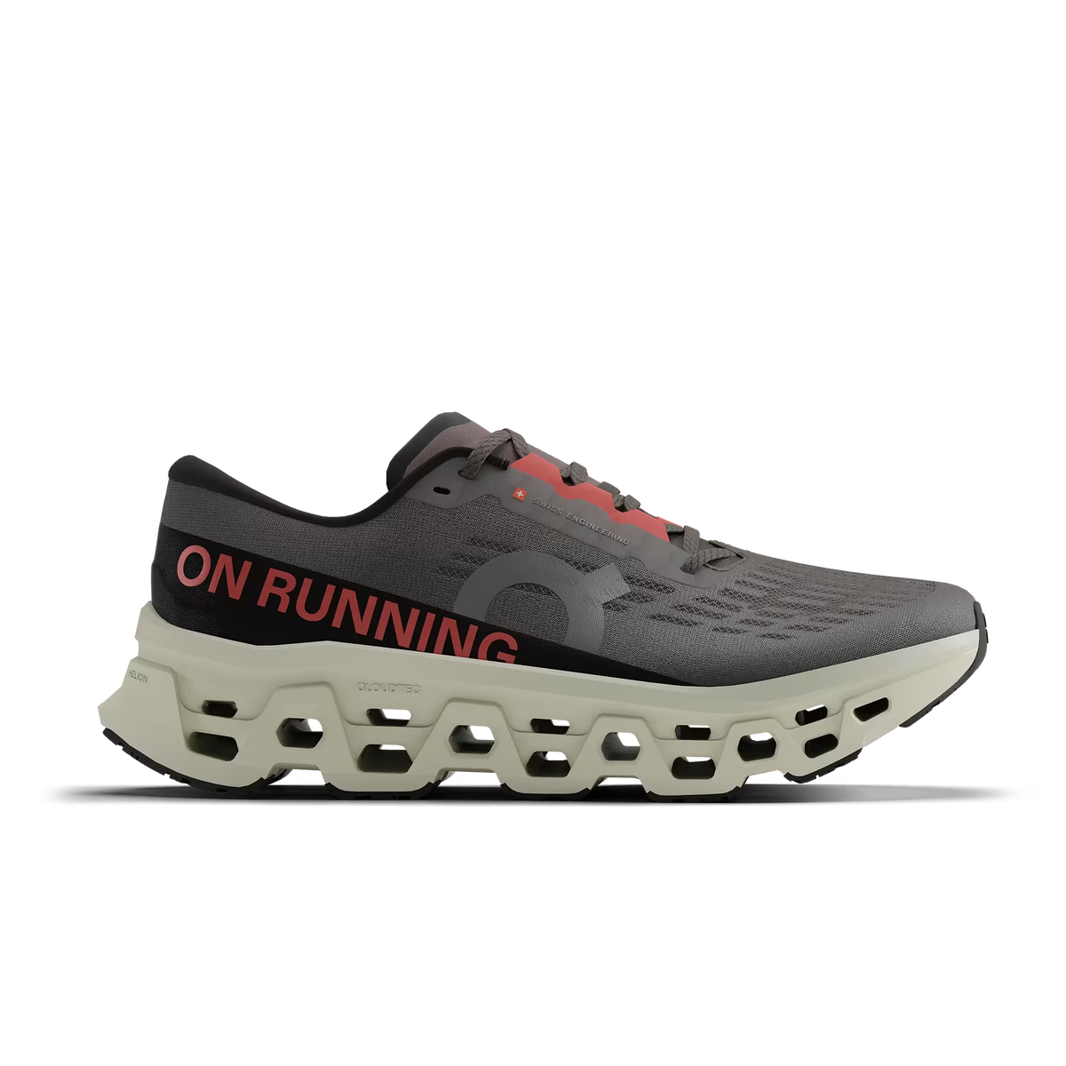 Men's On Running. Cloudmonster 3. Grey upper. Off White midsole. Lateral view.