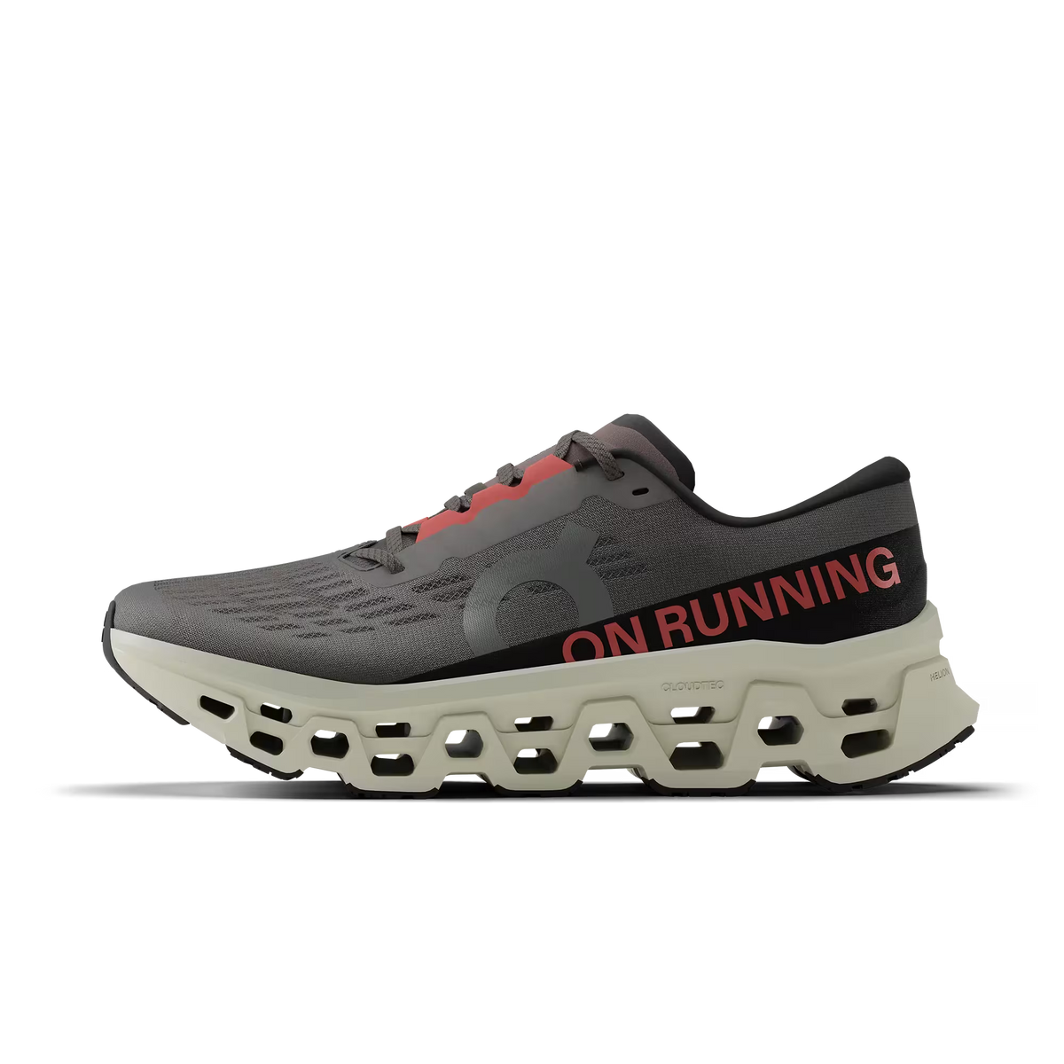 Men's On Running. Cloudmonster 3. Grey upper. Off White midsole. Medial view.