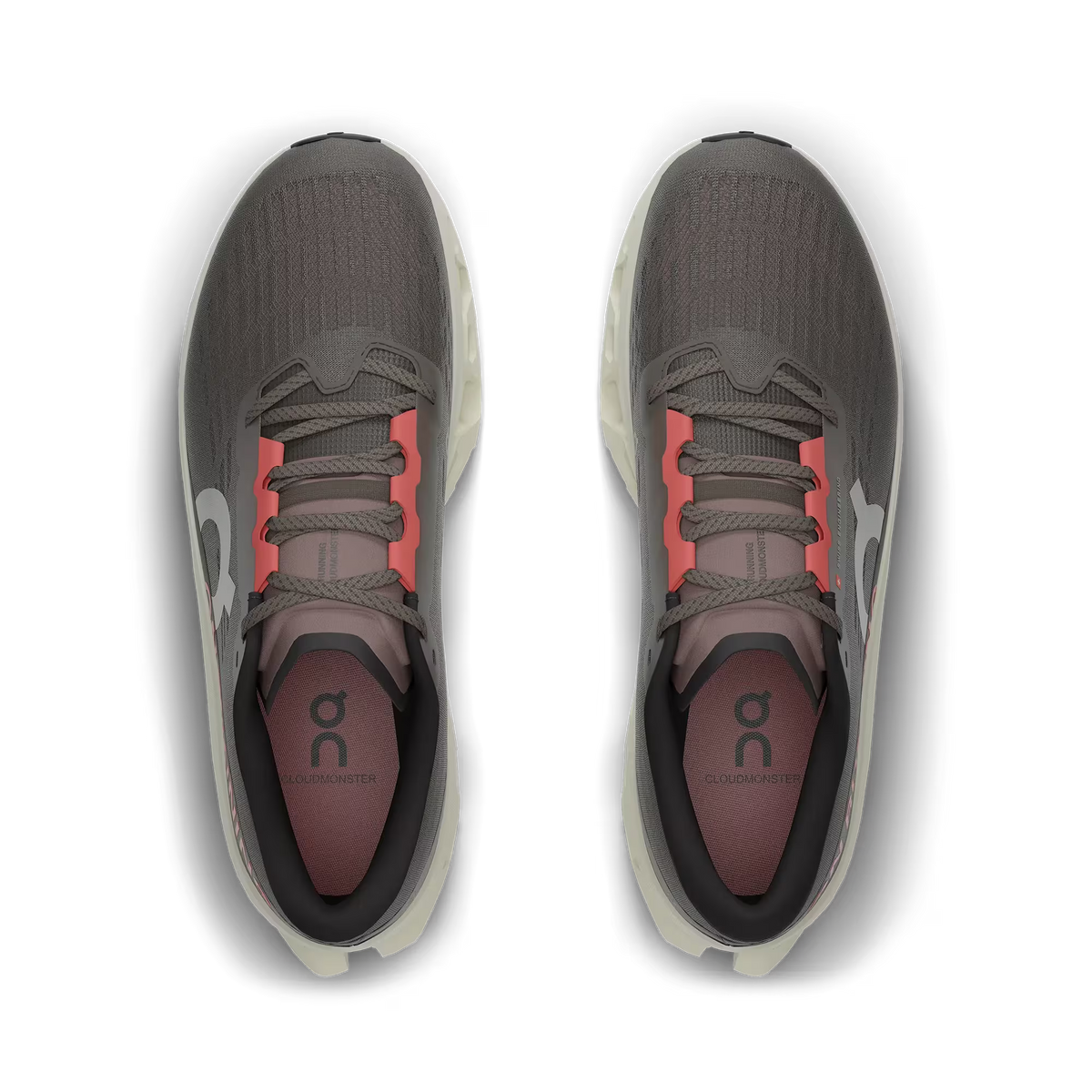 Men's On Running. Cloudmonster 3. Grey upper. Off White midsole. Top view.