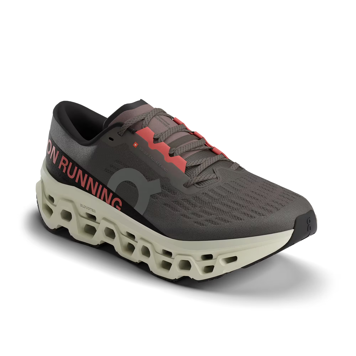 Men's On Running. Cloudmonster 3. Grey upper. Off White midsole. Lateral view.